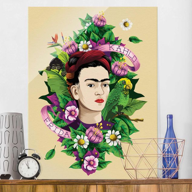 Magnettafel Glas Frida Kahlo - Frida, Äffchen und Papagei