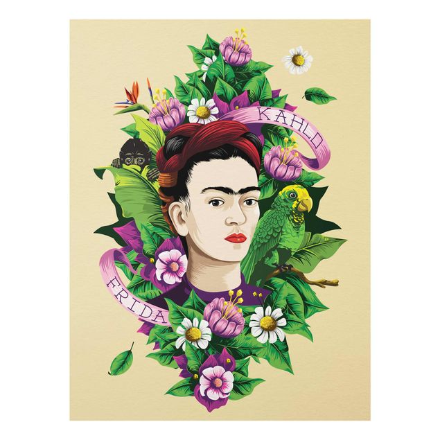 Glasbild - Frida Kahlo - Frida, Äffchen und Papagei - Hochformat 3:4
