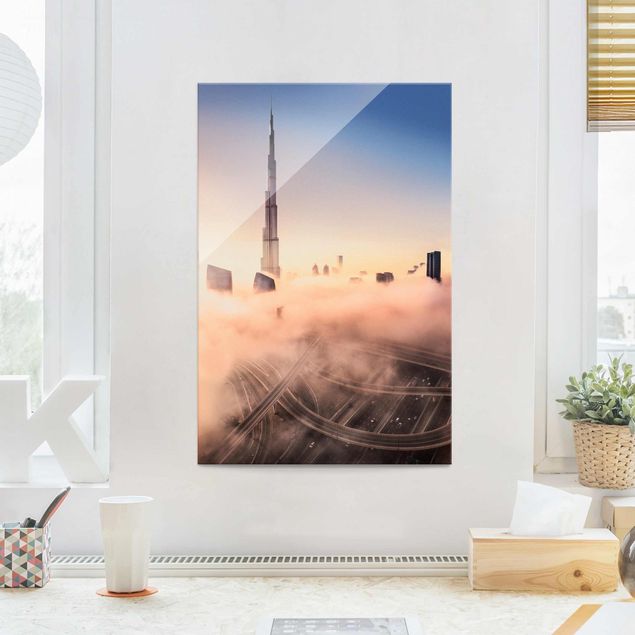 Glasbild - Himmlische Skyline von Dubai - Hochformat 3:2