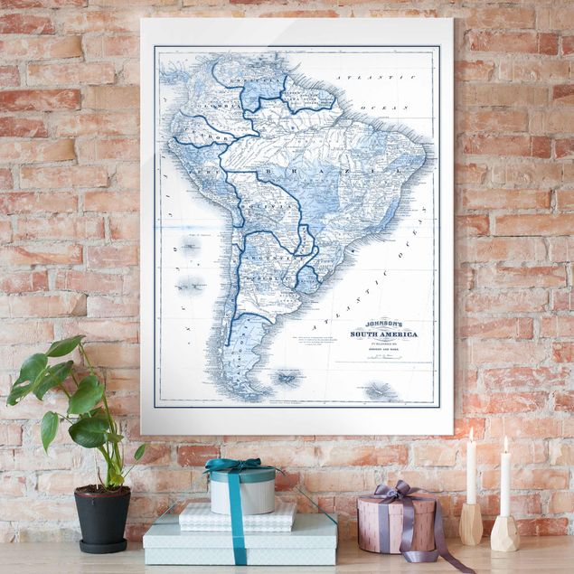 Glas Magnettafel Karte in Blautönen - Südamerika