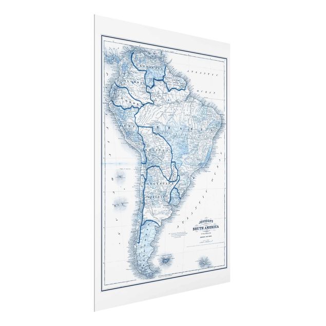 Glasbild - Karte in Blautönen - Südamerika - Hochformat 4:3