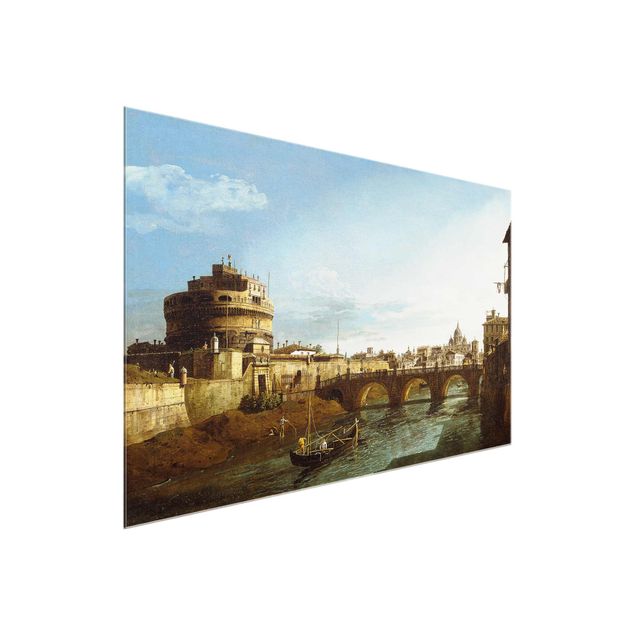 Glasbild - Kunstdruck Bernardo Bellotto - Ansicht Roms in Richtung Westen, mit Booten auf dem Tiber und dem Castel Saint'Angelo in der Ferne - Quer 3:2