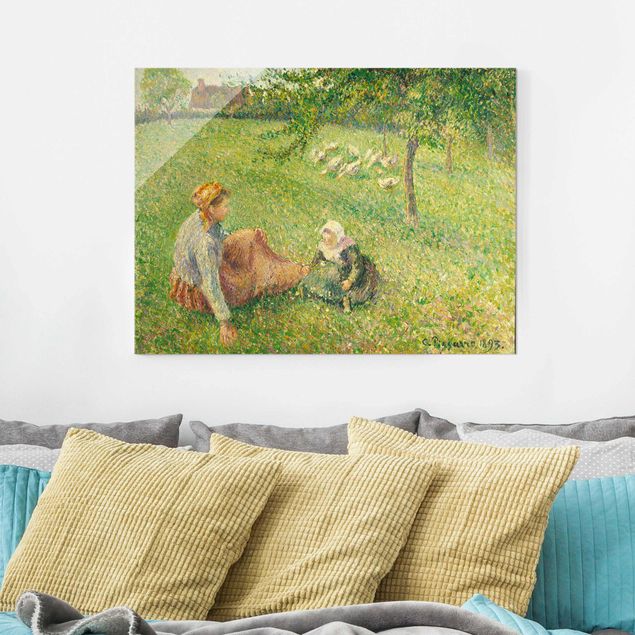 Glasbild - Kunstdruck Camille Pissarro - Die Gänsehirtin - Impressionismus Quer 4:3