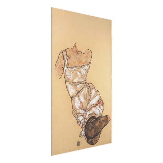 Glasbild - Kunstdruck Egon Schiele - Weiblicher Torso in Unterwäsche und schwarzen Strümpfen - Hoch 2:3