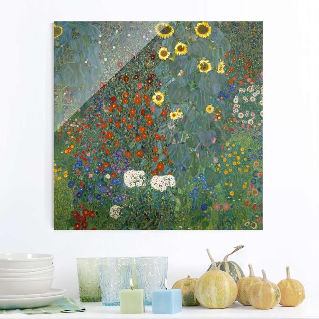 Glasbild - Kunstdruck Gustav Klimt - Bauerngarten mit Sonnenblumen - Jugendstil Quadrat 1:1