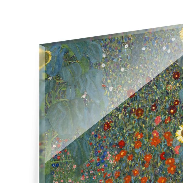 Glasbild - Kunstdruck Gustav Klimt - Bauerngarten mit Sonnenblumen - Jugendstil Quadrat 1:1
