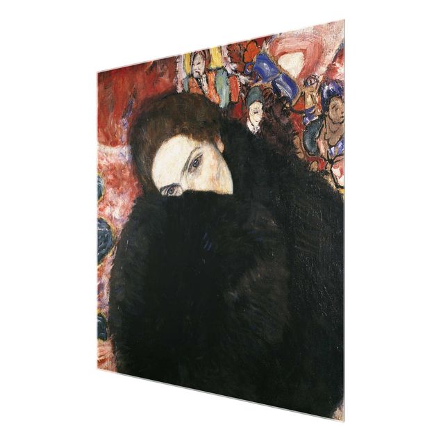 Glasbild - Kunstdruck Gustav Klimt - Dame mit Muff - Jugendstil Quadrat 1:1