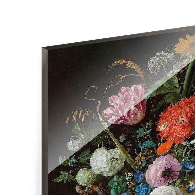 Glasbild - Kunstdruck Jan Davidsz de Heem - Tulpen, eine Sonnenblume, eine Iris und andere Blumen in einer Glasvase auf dem Marmorsockel einer Säule - Hoch 3:4