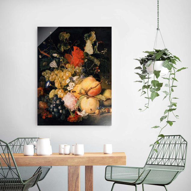Glasbild - Kunstdruck Jan van Huysum - Früchte, Blumen und Insekten - Hoch 3:4