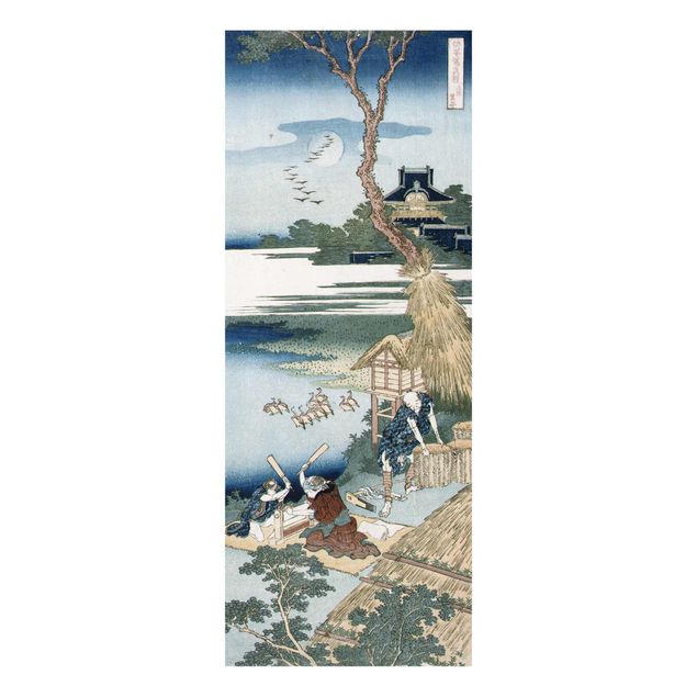 Glasbild - Kunstdruck Katsushika Hokusai - Eine Bauernfamilie schlägt im Mondlicht die Wäsche - Panorama Hoch