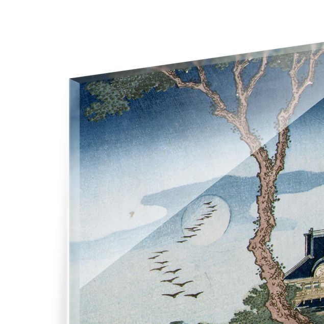 Glasbild - Kunstdruck Katsushika Hokusai - Eine Bauernfamilie schlägt im Mondlicht die Wäsche - Panorama Hoch