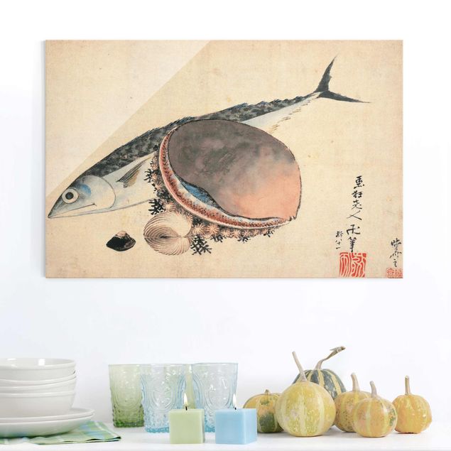 Glas Magnetboard Katsushika Hokusai - Makrele und Seemuscheln