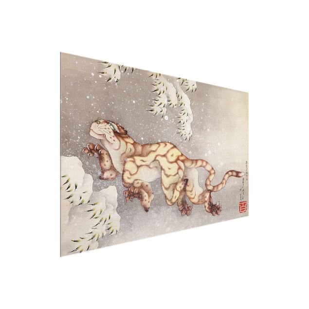 Glasbild - Kunstdruck Katsushika Hokusai - Tiger in einem Schneesturm - Quer 3:2