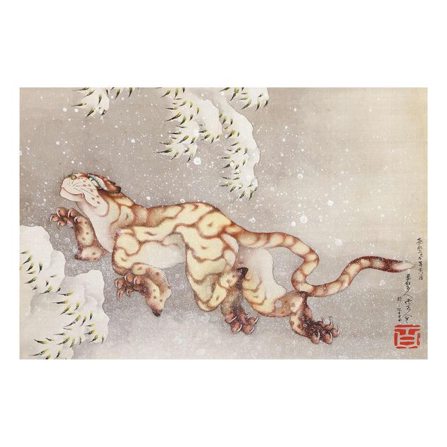 Glasbild - Kunstdruck Katsushika Hokusai - Tiger in einem Schneesturm - Quer 3:2