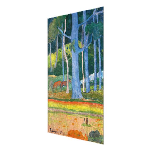 Glasbild - Kunstdruck Paul Gauguin - Landschaft mit blauen Baumstämmen - Post-Impressionismus Hoch 2:3