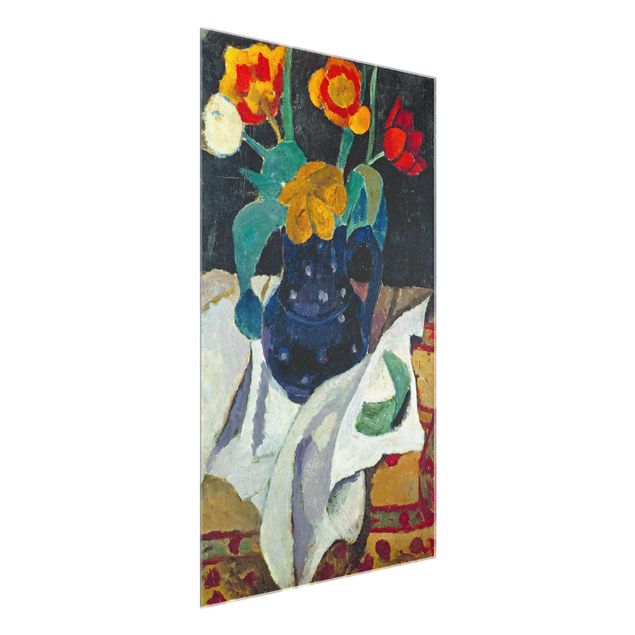 Glasbild - Kunstdruck Paula Modersohn-Becker - Stillleben mit Tulpen in blauem Topf - Hoch 2:3