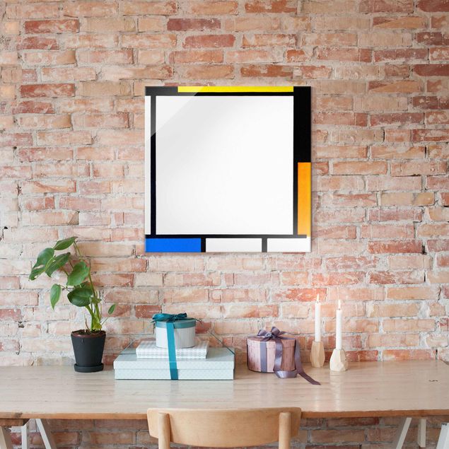 Glasbild - Kunstdruck Piet Mondrian - Komposition III mit Rot, Gelb und Blau - Quadrat 1:1