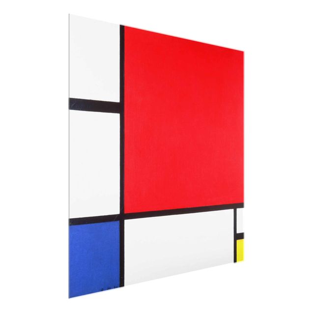 Glasbild - Kunstdruck Piet Mondrian - Komposition mit Rot, Blau und Gelb - Quadrat 1:1