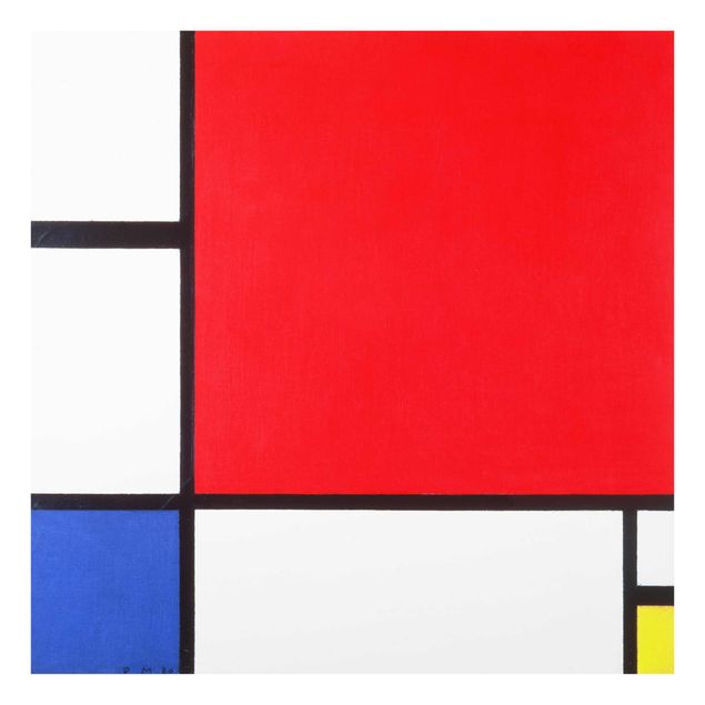 Glasbild - Kunstdruck Piet Mondrian - Komposition mit Rot, Blau und Gelb - Quadrat 1:1