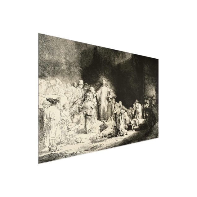Glasbild - Kunstdruck Rembrandt van Rijn - Christus heilt die Kranken. Das Hundertguldenblatt - Quer 3:2