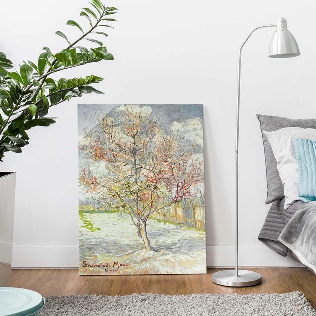 Glasbild - Kunstdruck Vincent van Gogh - Blühende Pfirsichbäume - Post-Impressionismus Hoch 3:4