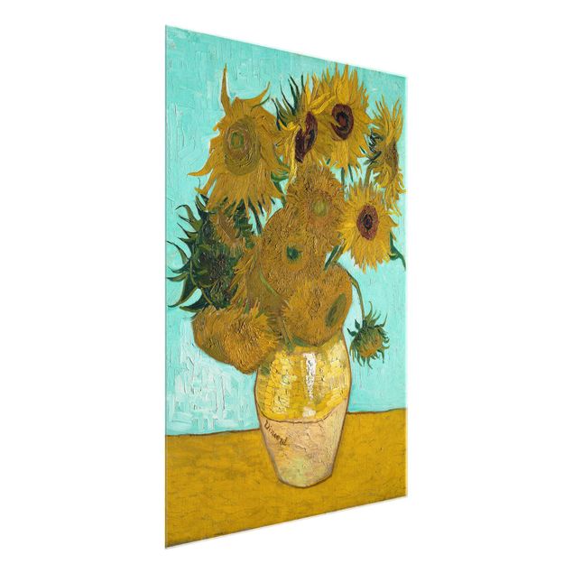 Glasbild - Kunstdruck Vincent van Gogh - Vase mit Sonnenblumen - Post-Impressionismus Hoch 3:4