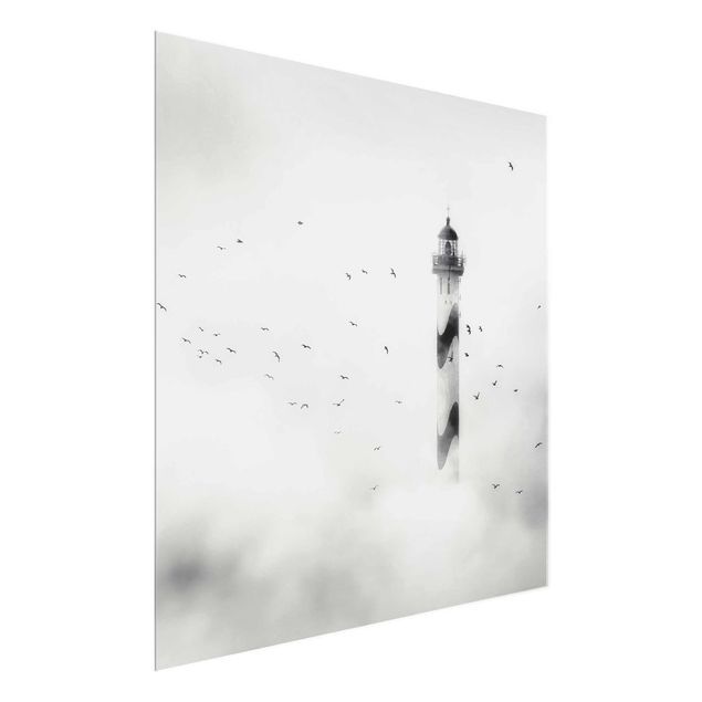 Glasbild - Leuchtturm im Nebel - Quadrat 1:1