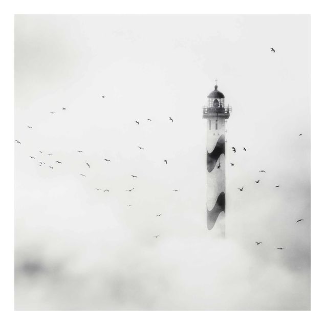 Glasbild - Leuchtturm im Nebel - Quadrat 1:1
