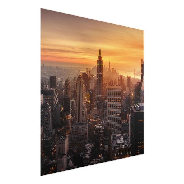 Glasbild - Manhattan Skyline Abendstimmung - Quadrat 1:1