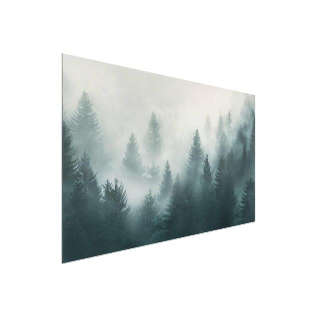 Glasbild - Nadelwald im Nebel - Querformat 2:3