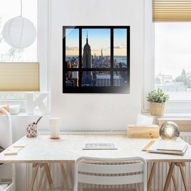 Glasbild - New York Fensterblick auf Empire State Building - Quadrat 1:1