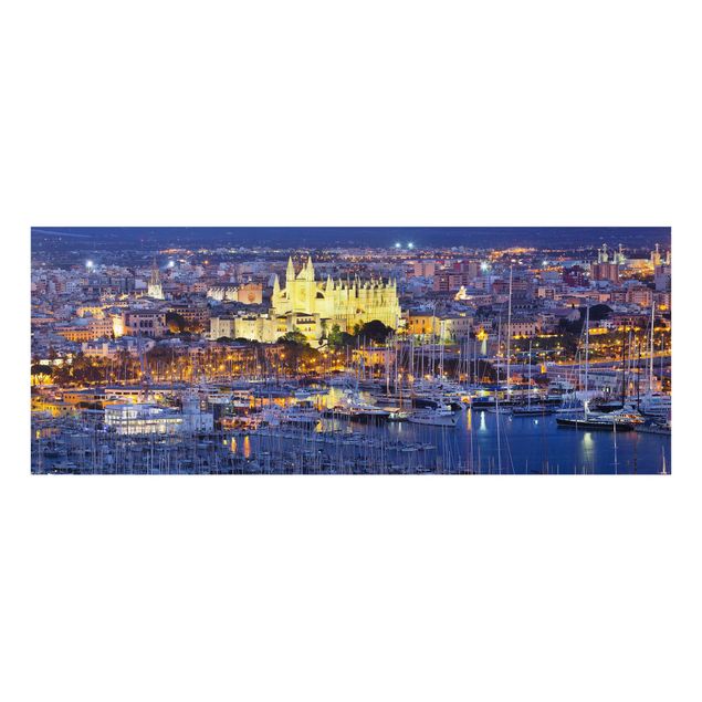 Glasbild - Palma de Mallorca City Skyline und Hafen - Panorama Quer