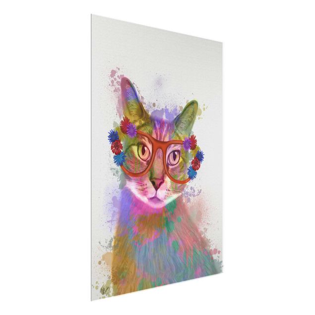 Glasbild - Regenbogen Splash Katze - Hochformat 4:3