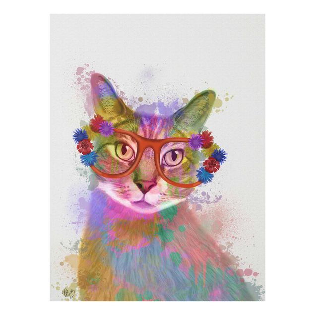 Glasbild - Regenbogen Splash Katze - Hochformat 4:3