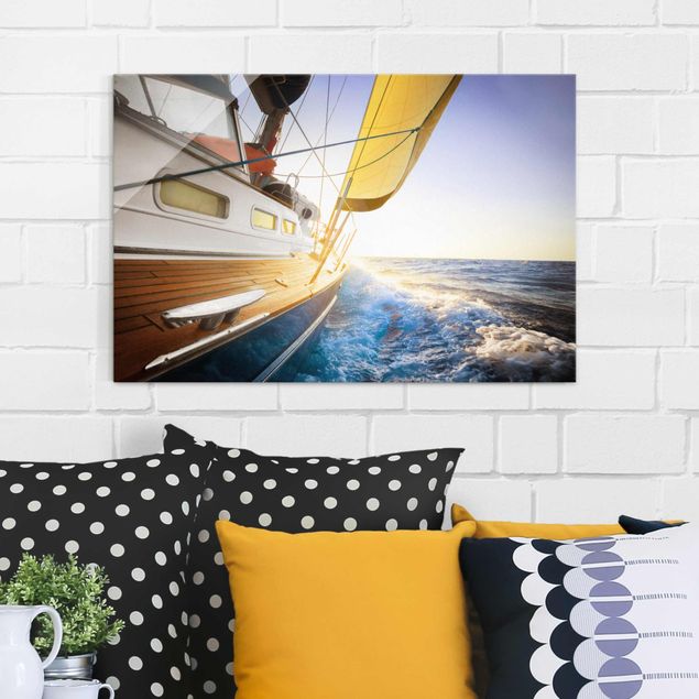 Glasbild - Segelboot auf blauem Meer bei Sonnenschein - Quer 3:2
