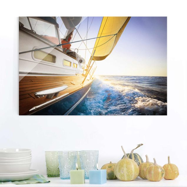 Glas Magnettafel Segelboot auf blauem Meer bei Sonnenschein