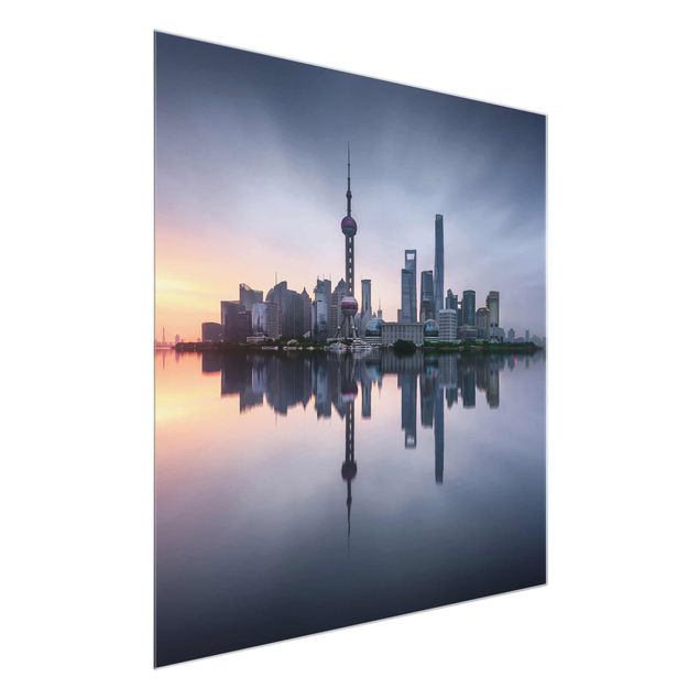 Glasbild - Shanghai Skyline Morgenstimmung - Quadrat 1:1