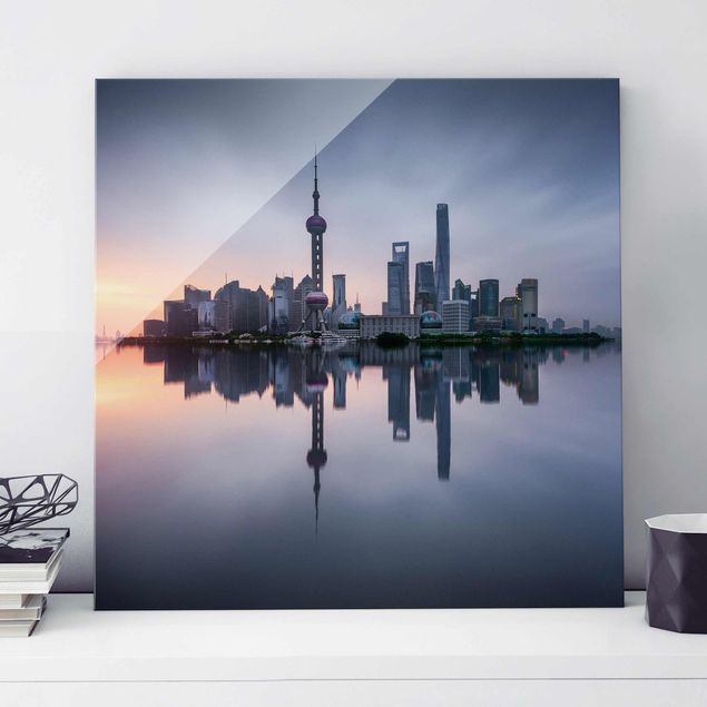 Glas Magnettafel Shanghai Skyline Morgenstimmung