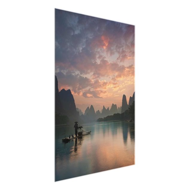 Glasbild - Sonnenaufgang über chinesischem Fluss - Hochformat 4:3