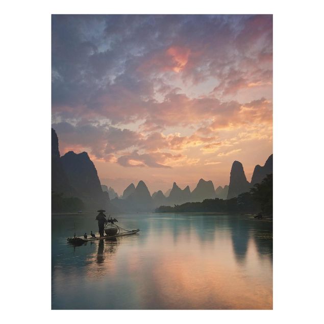 Glasbild - Sonnenaufgang über chinesischem Fluss - Hochformat 4:3