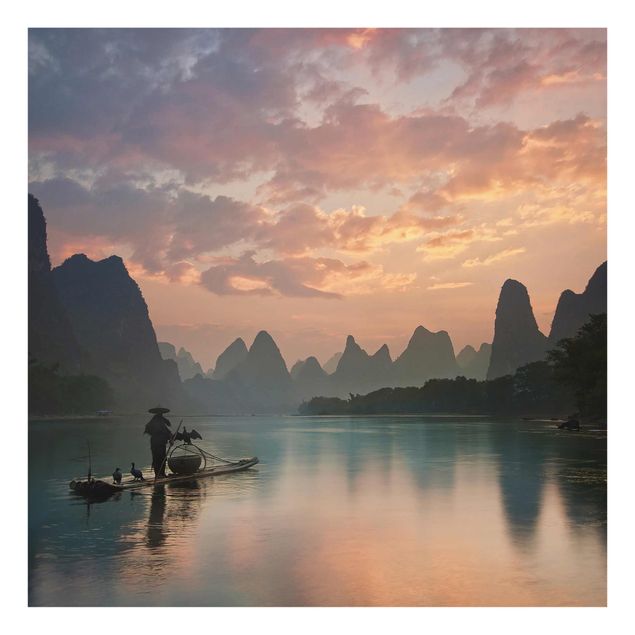 Glasbild - Sonnenaufgang über chinesischem Fluss - Quadrat 1:1