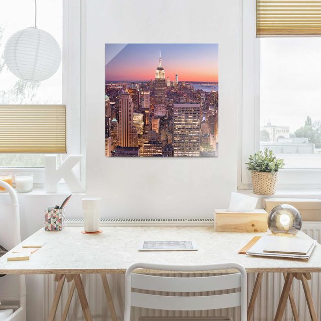 Glasbild - Sonnenuntergang Manhattan New York City - Quadrat 1:1