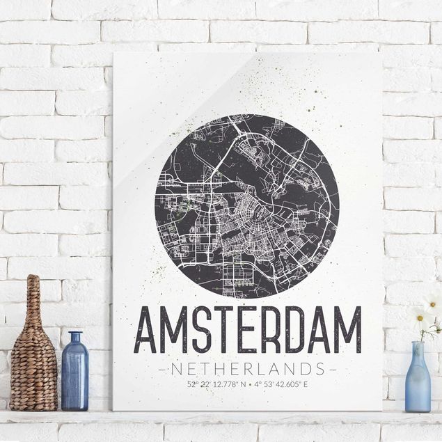 Glas Magnettafel Stadtplan Amsterdam - Retro