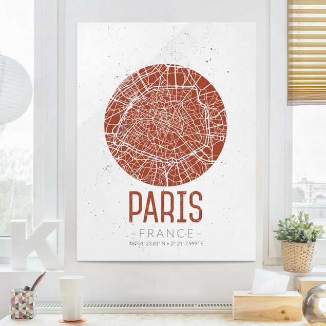 Glas Magnettafel Stadtplan Paris - Retro