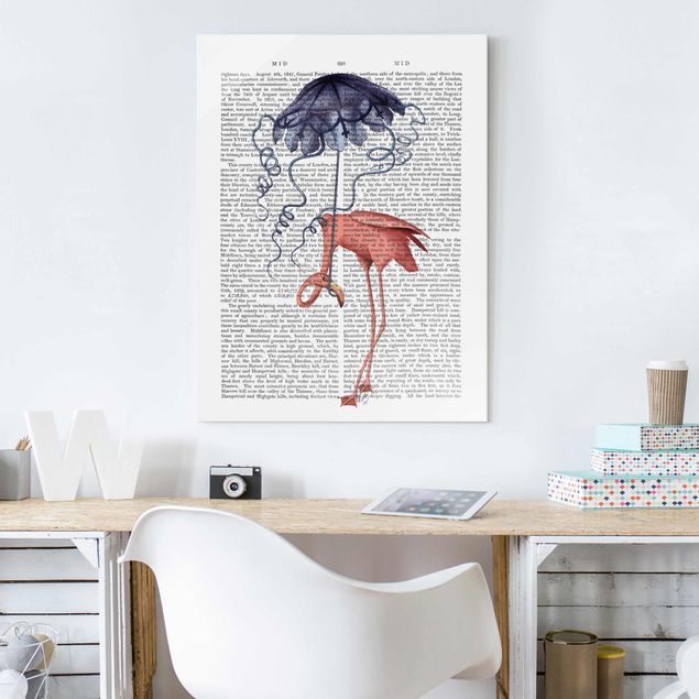 Glasbild - Tierlektüre - Flamingo mit Regenschirm - Hochformat 4:3