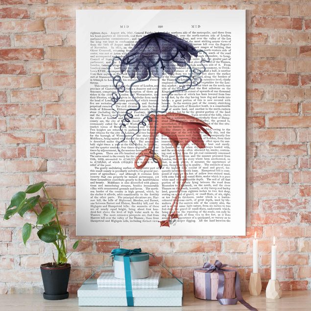 Glas Magnetboard Tierlektüre - Flamingo mit Regenschirm
