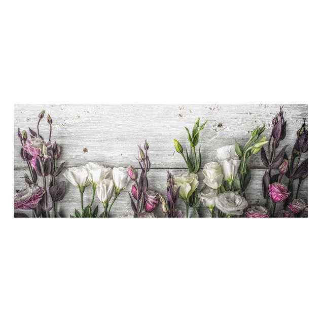 Glasbild - Tulpen-Rose Shabby Holzoptik - Panorama Quer