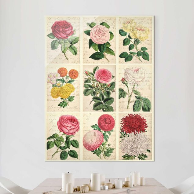 Glas Magnettafel Vintage Blumen Collage