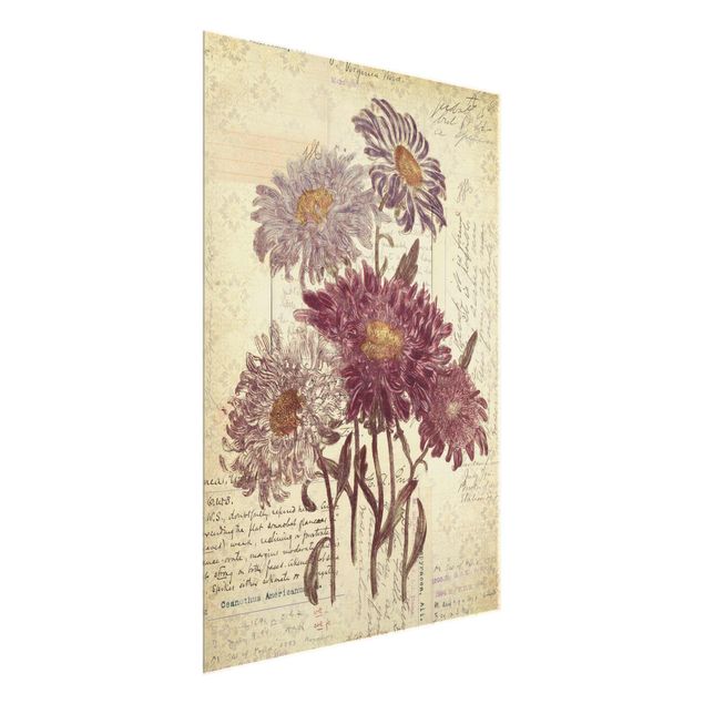 Glasbild - Vintage Blumen mit Handschrift - Hochformat 3:4