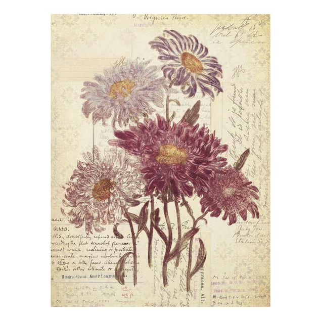 Glasbild - Vintage Blumen mit Handschrift - Hochformat 3:4